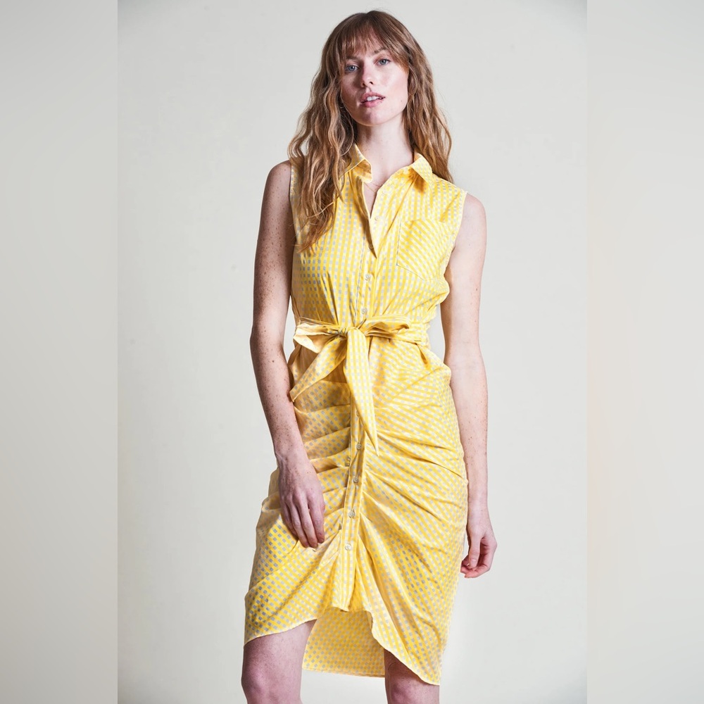 The Shirt Rochelle Behrens Yellow Gingham Sleeveless Wrap Front Dress Size Small